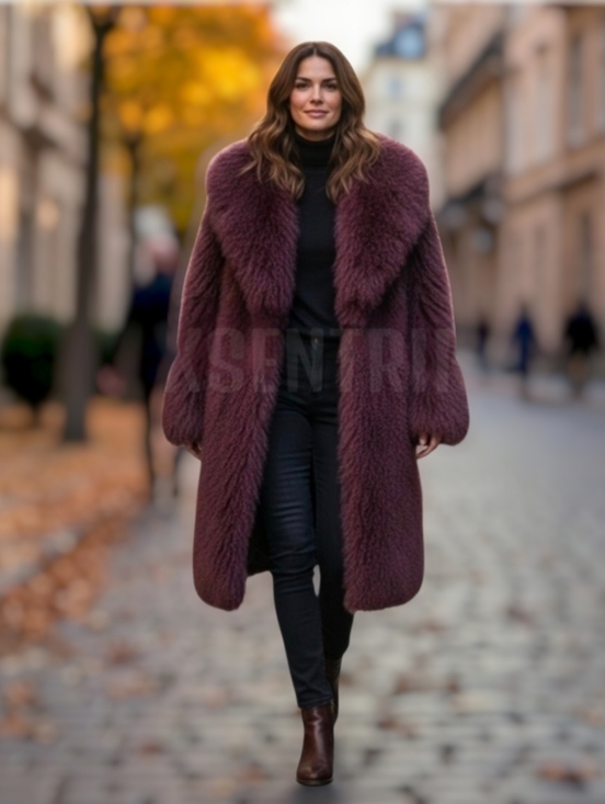 Genuine Mongolian Lamb Fur Coat - Luxurious Fur (Burgandy/Wine) - Picture 13 of 15